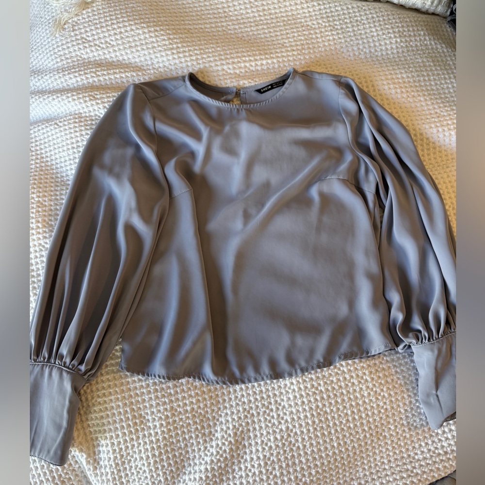 SHEIN Light Gray/ Dusty Blue  Blouse
